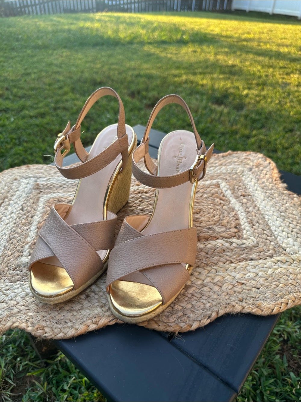 Neutral Tan Wedge Sandals with Gold Accents